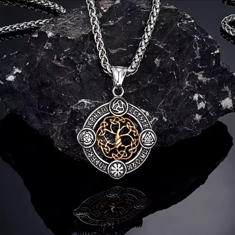 Viking Rune Life Tree Stainless Steel Silver Luck Talisman Necklace - Picture 4 of 5
